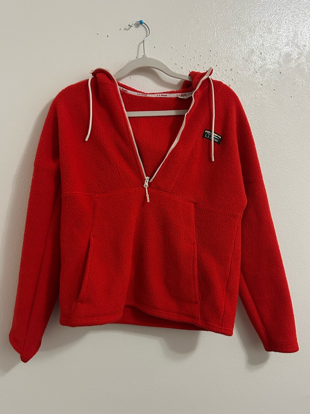 LL Bean red hooded quarter zip fleece